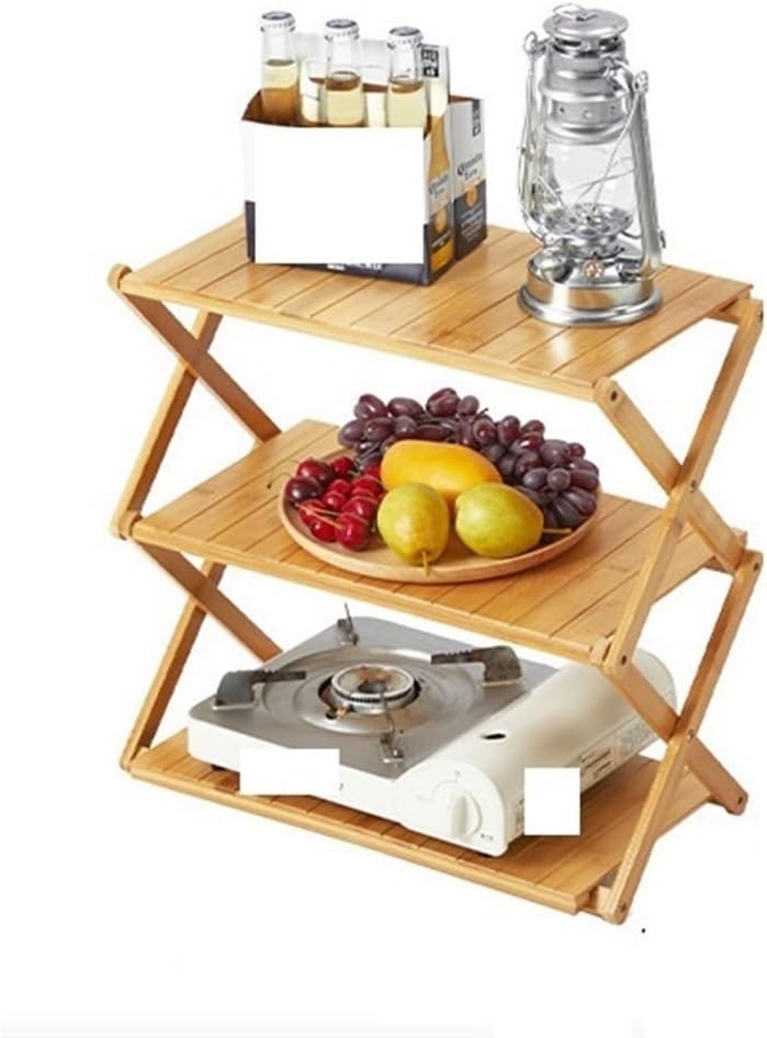 Praktisch houten opbergrek met meerdere planken, eenvoudig op te bergen en ruimtebesparend.