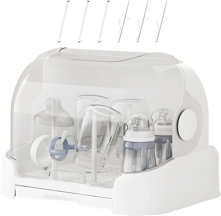 Multifunctioneel flessenrek voor babyflessen, spenen en accessoires, met opbergruimte en beschermende deksel.