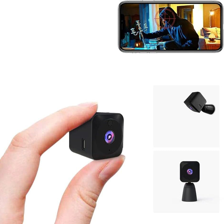 Compacte 4K wifi mini beveiligingscamera met nachtzicht en bewegingsdetectie voor binnen.