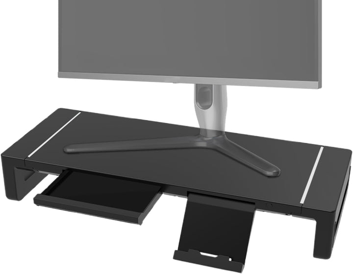 Zwarte verstelbare monitorstandaard, essentiële bureau organizer met lade voor nette werkplek.
