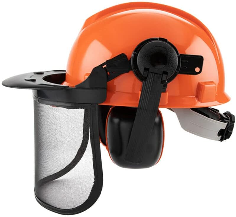 Professionele veiligheidshelm ArborMax met helder gezichtsscherm en comfortabele gehoorbescherming voor bosbouw.