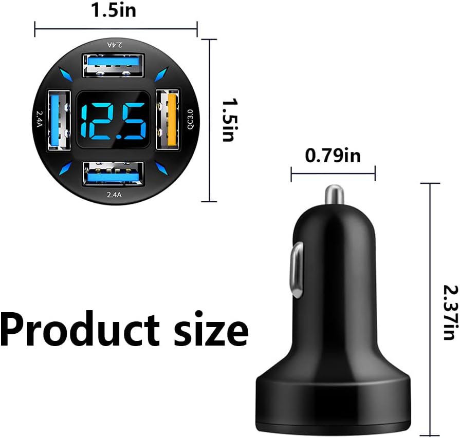 Zwarte 66W autolader met PD & QC 3.0 en voltage display, ideaal voor snel opladen in de auto.