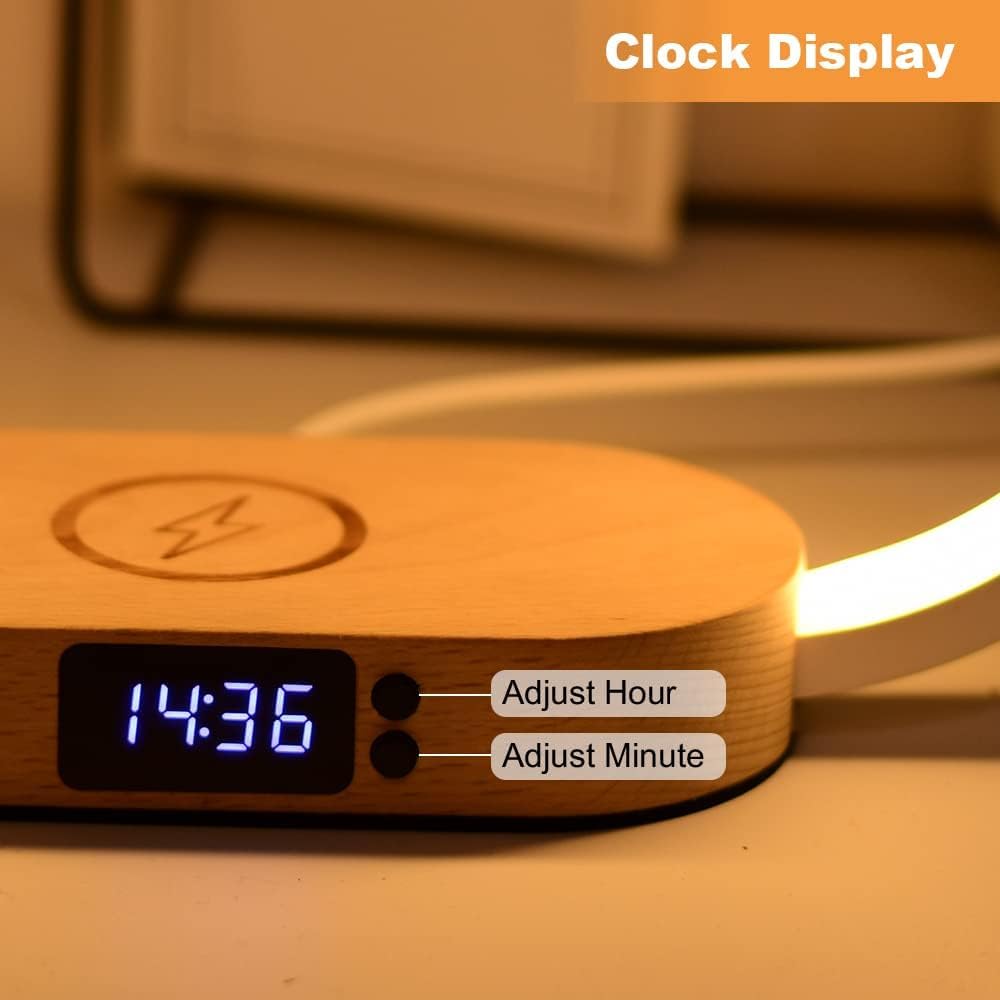 Slimme LED nachttafellamp met dimfunctie, draadloze QI oplader en geïntegreerde klok, ideaal voor elk interieur.