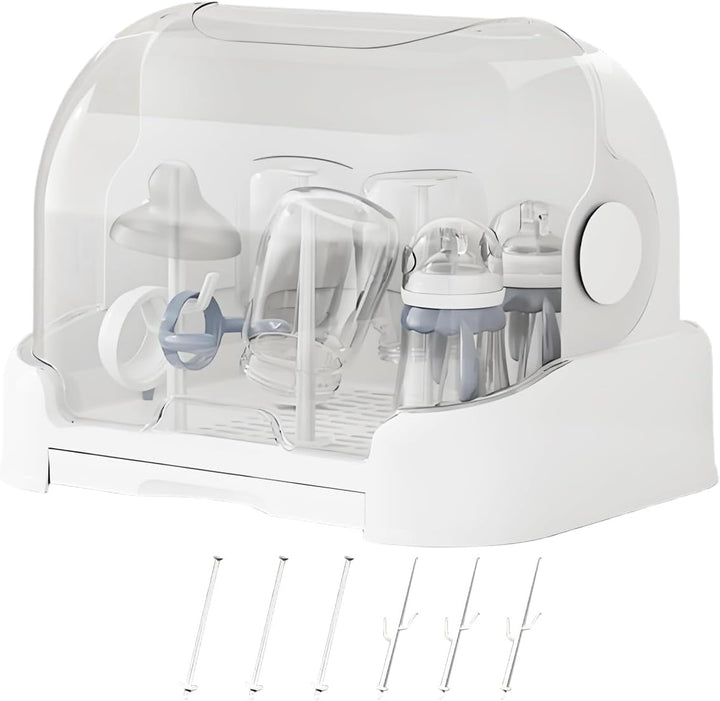 Slimme speenhouder en droogrek voor babyflessen, met handige opbergdoos voor hygiëne en keukenorganisatie.
