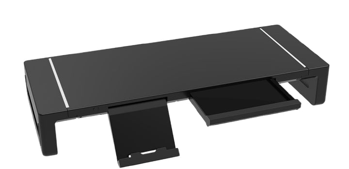 Strakke zwarte monitorstandaard met lade en USB poorten, perfect voor kantoor en thuiswerken.