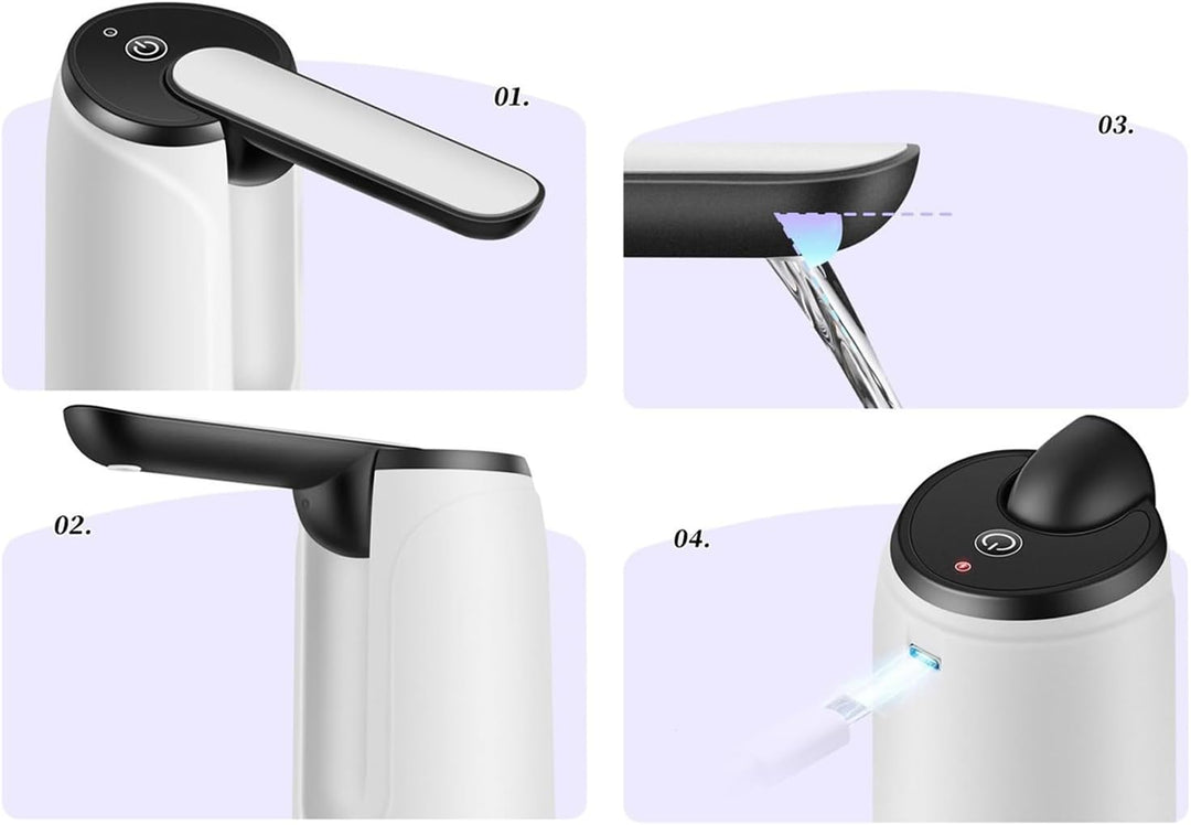 Close-up van de bedieningsknop van de Hydravo USB oplaadbare waterdispenser. Gebruiksgemak centraal.
