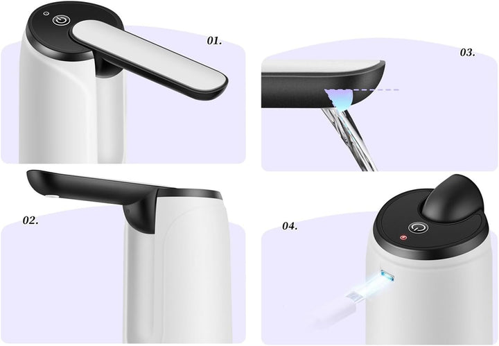 Close-up van de bedieningsknop van de Hydravo USB oplaadbare waterdispenser. Gebruiksgemak centraal.