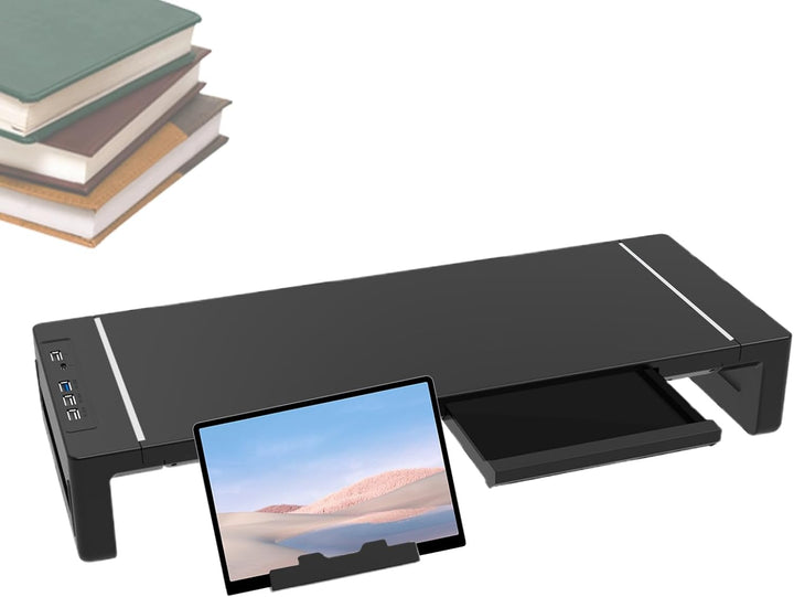 Verstelbare monitorverhoger met opberglade, ideaal als ergonomische laptopstandaard voor thuiswerken.
