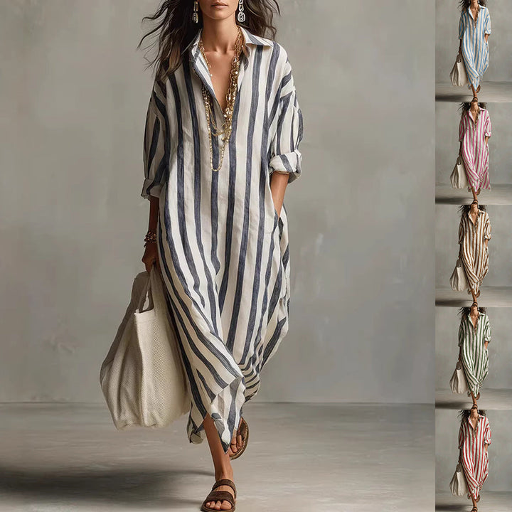 Dames gestreepte blousejurk met kraag, elegante A-lijn overhemdjurk voor lente en zomer. Comfortabele casual mode.