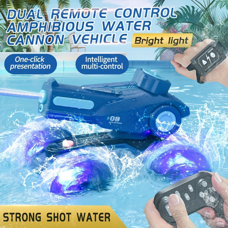 Kind bestuurt SplashRider amfibische RC waterkanon truck met intuïtieve afstandsbediening, ultieme controle.