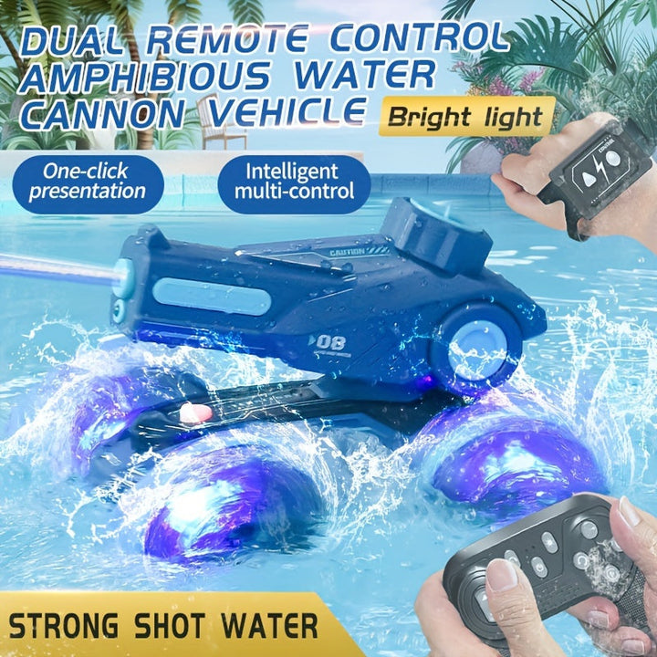 Kind bestuurt SplashRider amfibische RC waterkanon truck met intuïtieve afstandsbediening, ultieme controle.