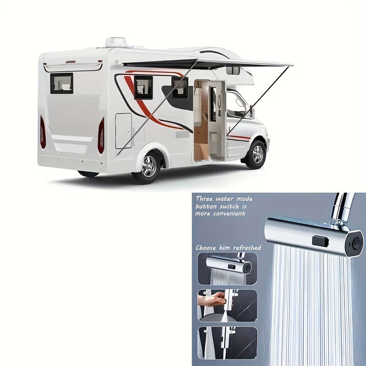 Waterbesparende 3-in-1 kraan adapter met draaibare sproeikop voor de keuken. Eenvoudige installatie.