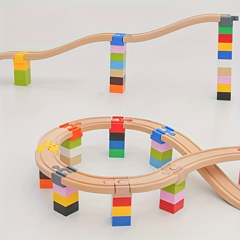 Verstelbare connectoren: kleurrijke houten spooradapters voor flexibele modelbouw treinbaan.