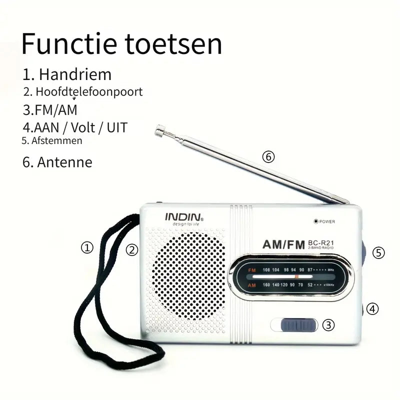 Draagbare AM/FM radio met koptelefoon, geniet overal van zuiver stereo geluid tijdens reizen of ontspanning.