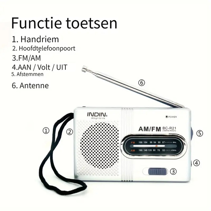 Draagbare AM/FM radio met koptelefoon, geniet overal van zuiver stereo geluid tijdens reizen of ontspanning.