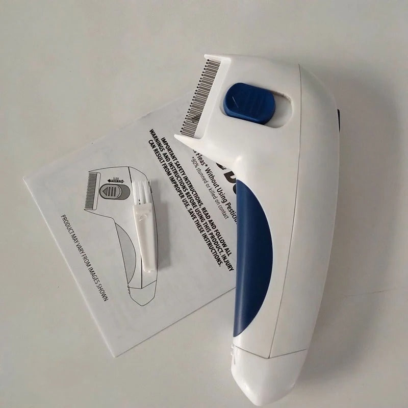 Detail van de elektronische vlooienkam: ergonomisch design voor comfortabele huisdierverzorging tegen vlooien.
