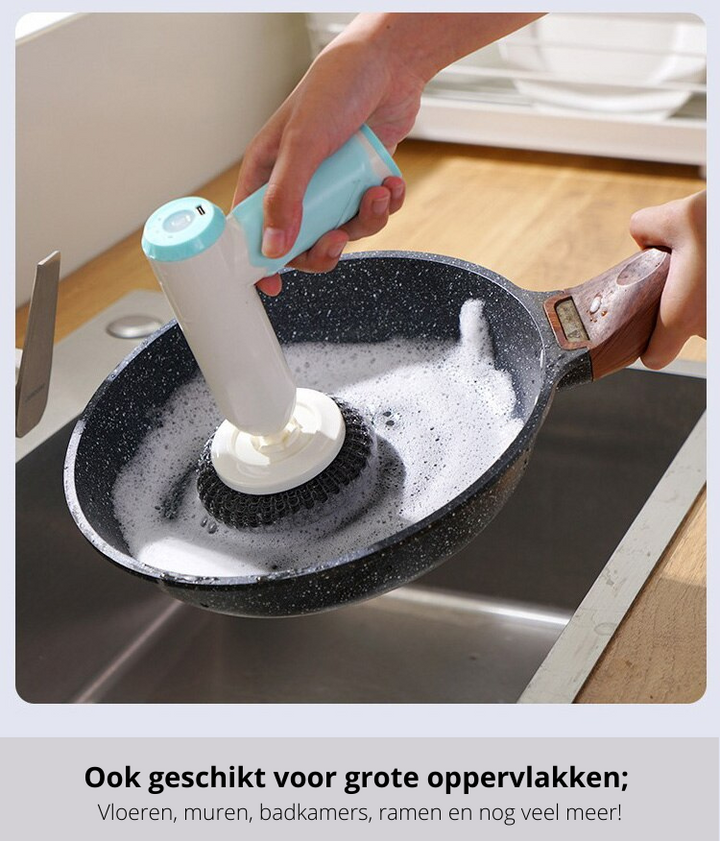 Waterdichte elektrische schoonmaakborstel set, veilig te gebruiken in vochtige ruimtes zoals badkamer en keuken.