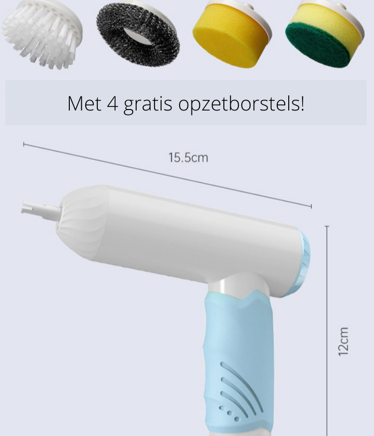 Persoon gebruikt de elektrische schoonmaakborstel om badkamertegels te reinigen, wit/blauw model.