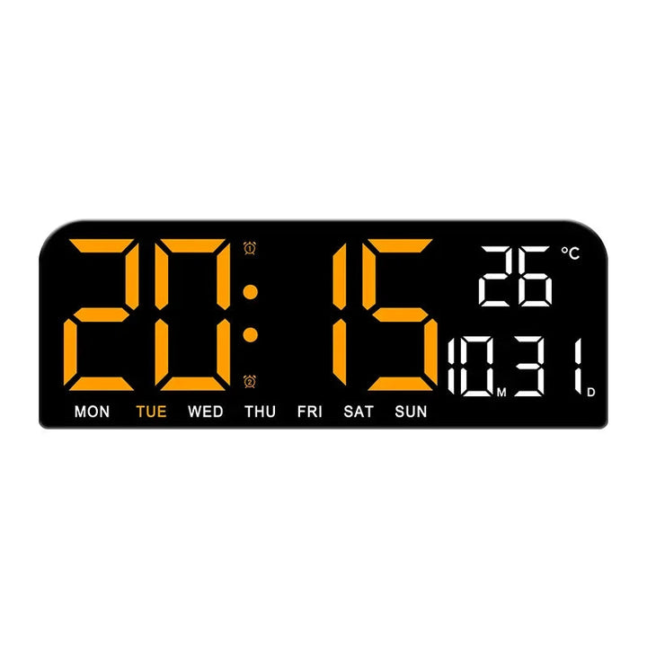 Minimalistische digitale wandklok, perfect voor modern interieur, met tijd, datum en temperatuurfuncties.