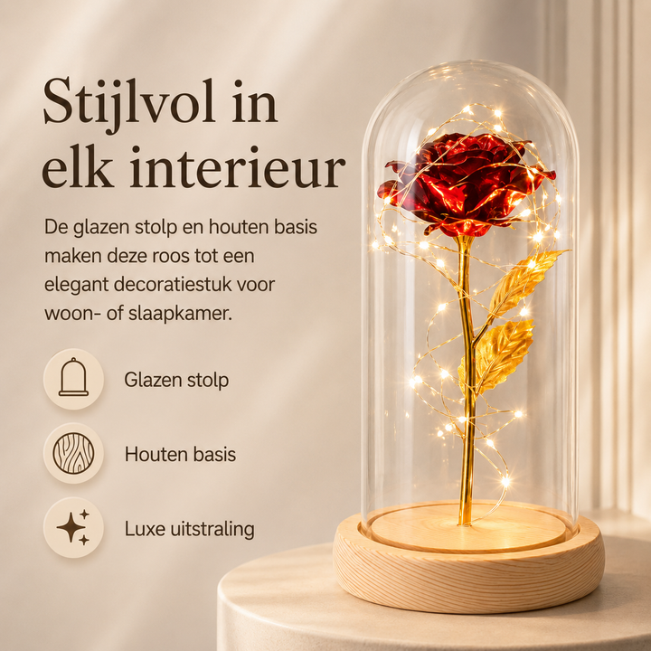 Eeuwige roos in glazen stolp, verlicht met LED, perfect romantisch cadeau of interieurdecoratie.