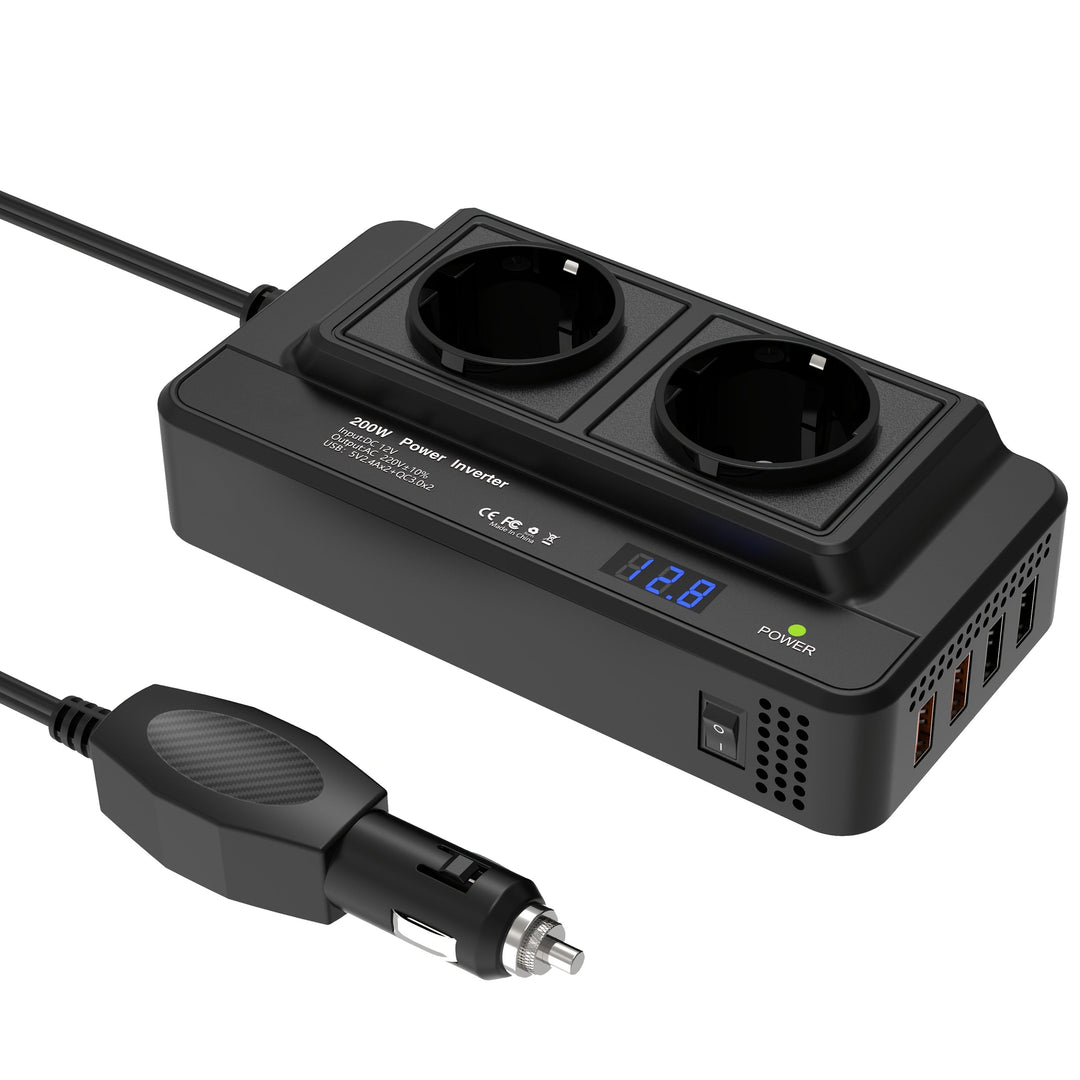Compacte 200W auto omvormer met dubbele 220V stopcontacten en vier USB-poorten voor mobiele stroom.