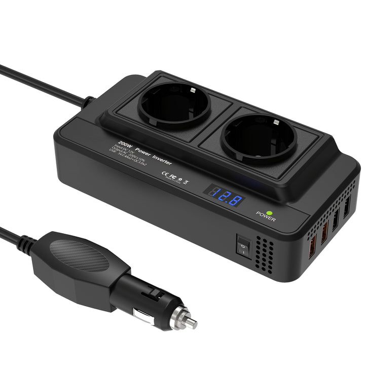 Compacte 200W auto omvormer met dubbele 220V stopcontacten en vier USB-poorten voor mobiele stroom.