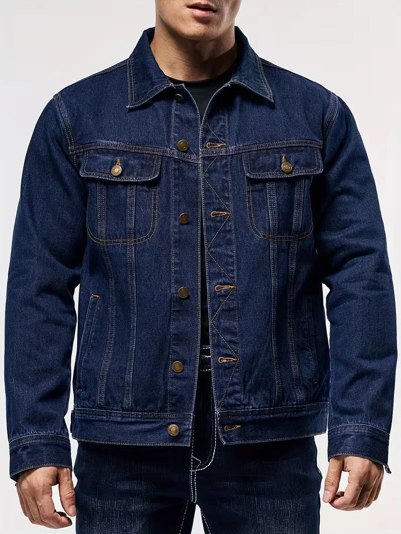 Heren spijkerjack lange mouwen, klassiek blauw denim, regular fit, casual lente/herfst look.