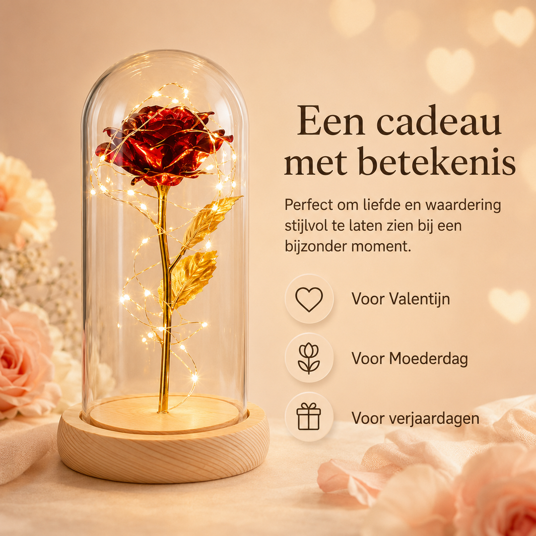 Sfeervolle eeuwigheidsroos als cadeau, prachtig verlicht met LED in een elegante glazen stolp.