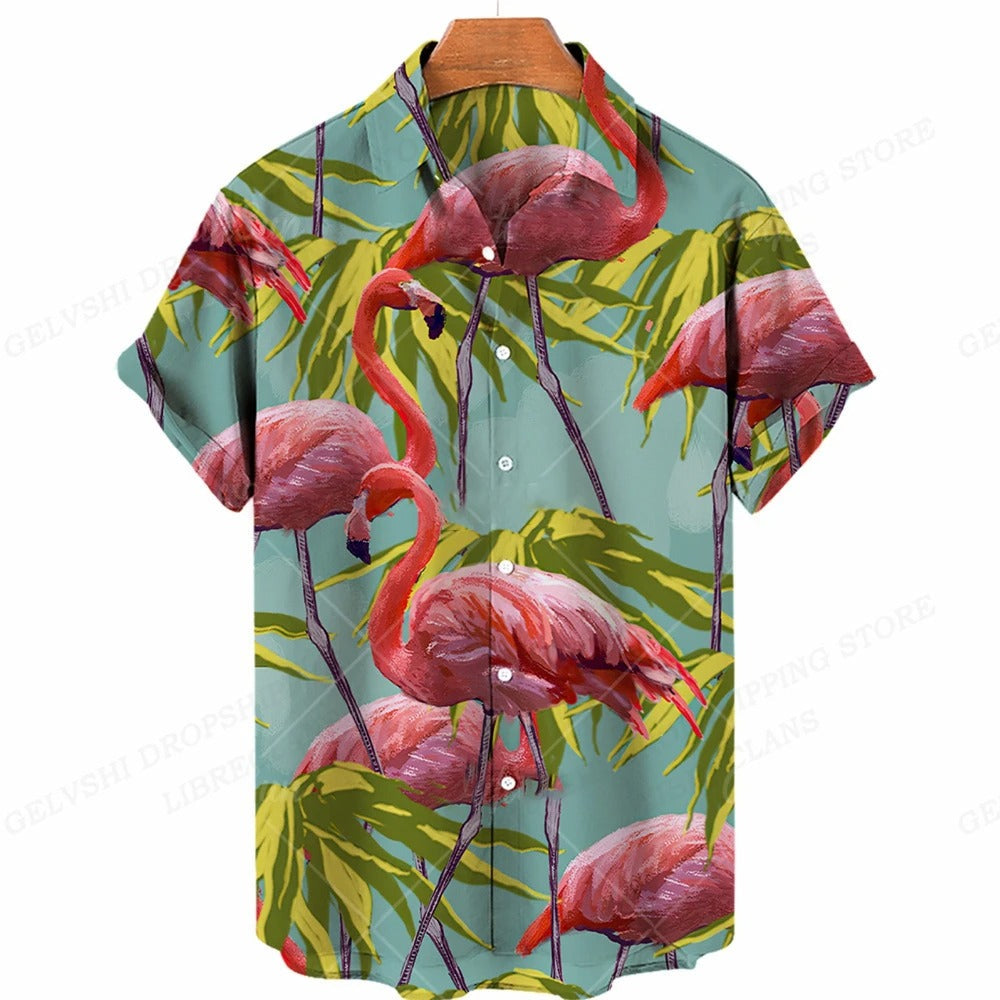 Zomers Nico 3D Flamingo Hawai herenoverhemd met korte mouwen. Perfecte casual herenmode voor vakantie en strand.