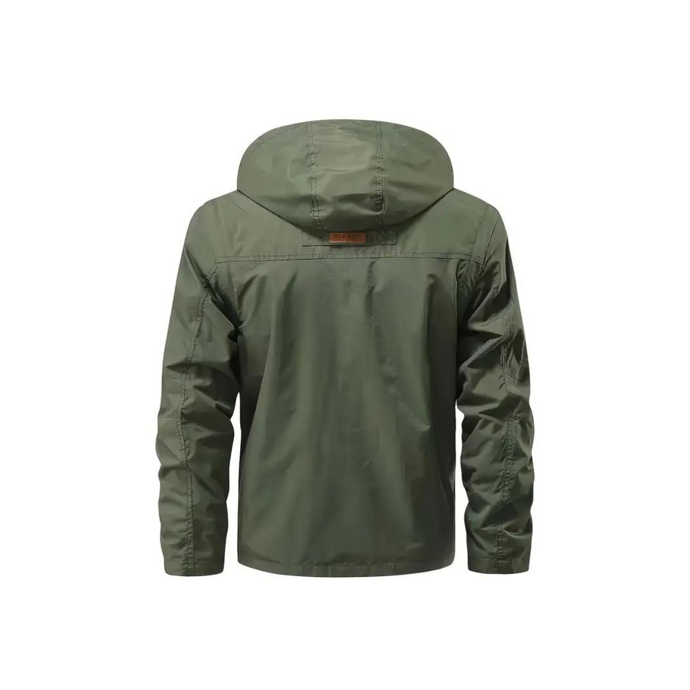 Zwarte heren overgangsjas, waterafstotend, met handige afneembare capuchon. Perfect voor buitenkleding.