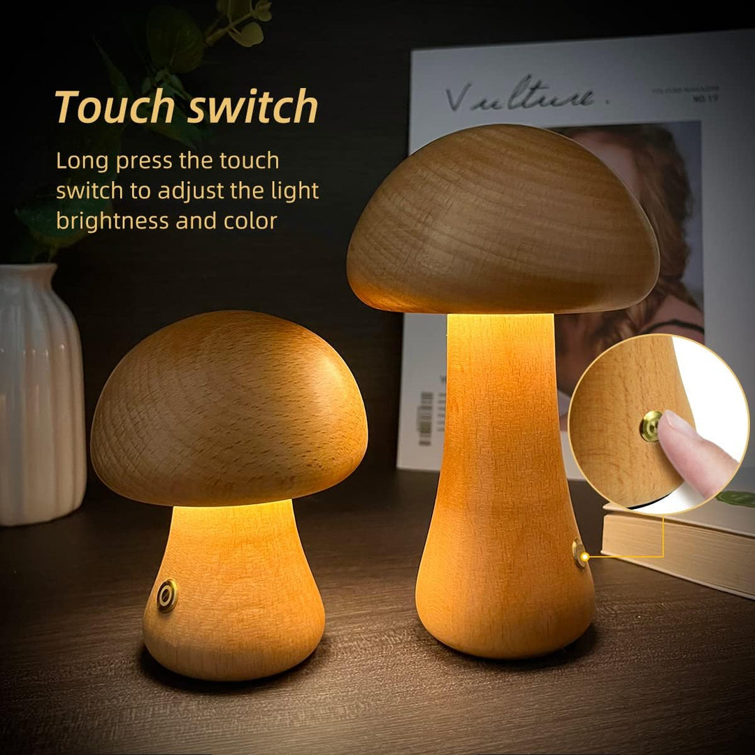 Sfeervolle houten paddenstoel lamp, LED nachtlampje creëert rustgevende kinderkamer decoratie.