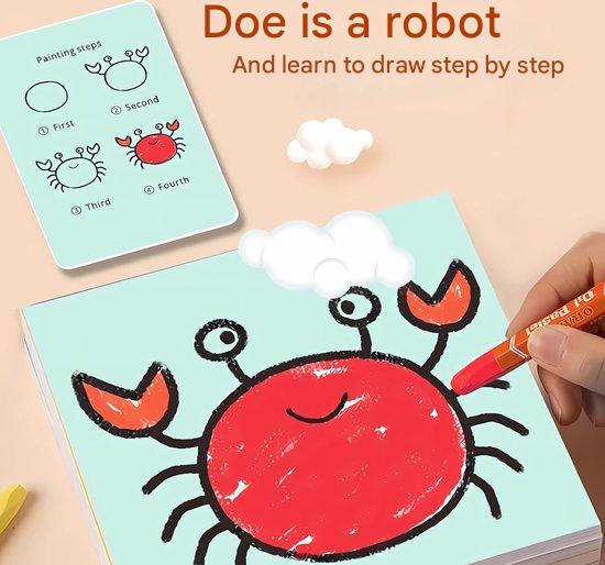 Creatieve tekenrobot voor kinderen; leert stap-voor-stap tekenen met bijgeleverde educatieve kaarten.