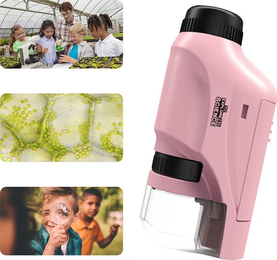 Roze draagbare kinder microscoop met 60x-120x vergroting; stimuleert wetenschappelijk ontdekken en leren bij jonge kinderen.