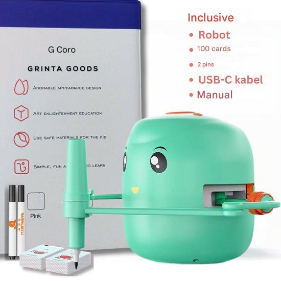 Kindvriendelijke tekenrobot (roze/groen); ideaal voor creatieve ontwikkeling en tekenplezier.