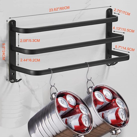 Praktisch zwart badkamer handdoekrek van 80 cm. Eenvoudig handdoeken opbergen zonder boren of schade.