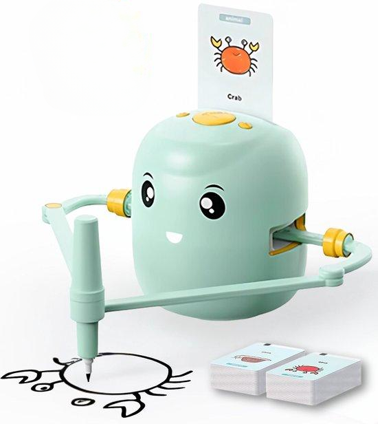 Groene tekenrobot voor kinderen; stimuleert motoriek en ontwikkeling met interactieve tekenlessen.