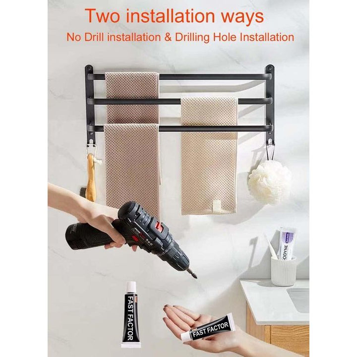 Handig 80 cm zwart handdoekrek voor badkamer. Schoon installeren met zelfklevende muurbevestiging, zonder boren.