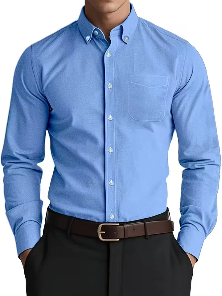 Beige herenoverhemd met mandarin kraag, lange mouwen, smart casual, regular fit. Lente/herfst collectie.