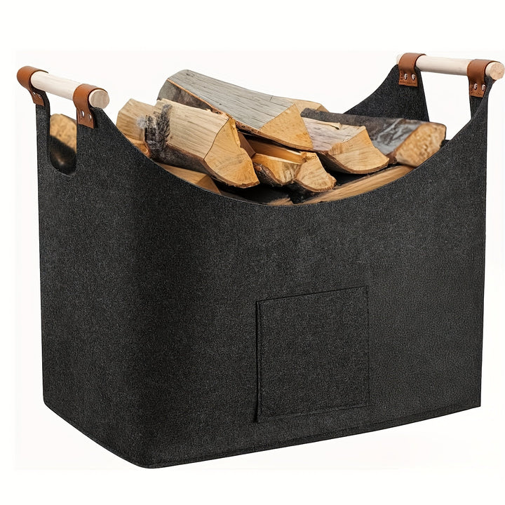 Donkergrijze viltmand XL met houten handgrepen, een stijlvolle en praktische haardaccessoire en houtdrager.