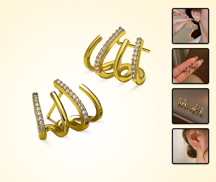 Dames illusie oorbellen: Vier gouden hoepels met fonkelende zirkonia. Elegant sieraad voor een feestelijke look.