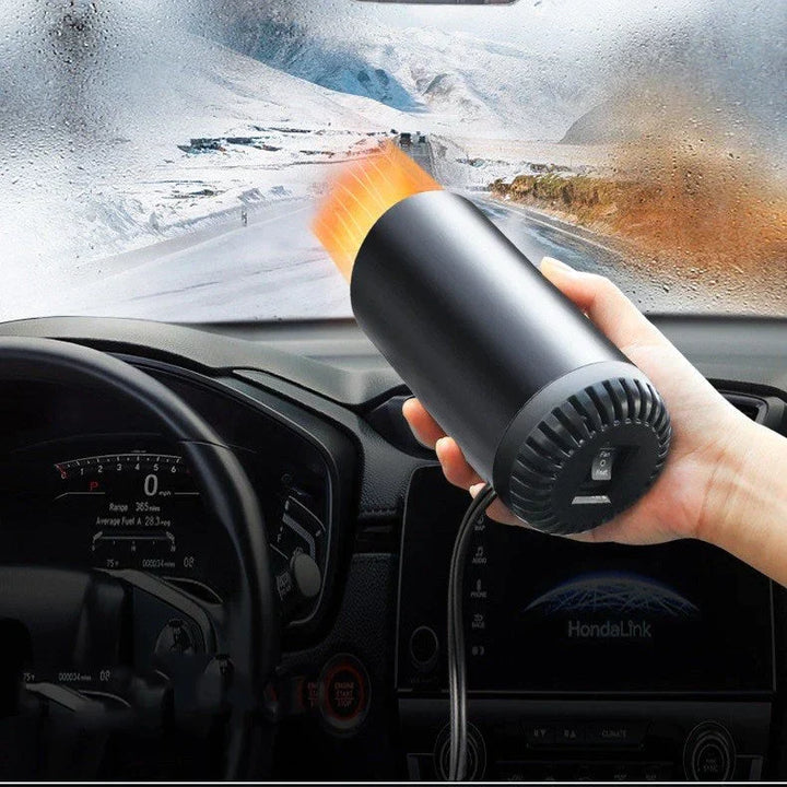 Compacte 12V autoverwarmer & ruitontdooier met ventilator, ideaal voor snelle winterritten en helder zicht.