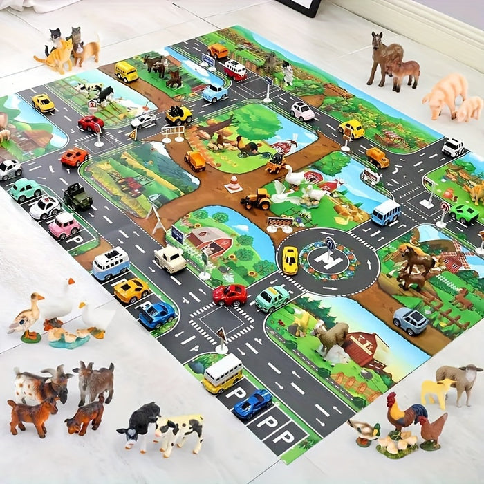 Kleurrijk kinder speelkleed met boerderij- en verkeerszijden voor afwisselend speelplezier van jonge kinderen.
