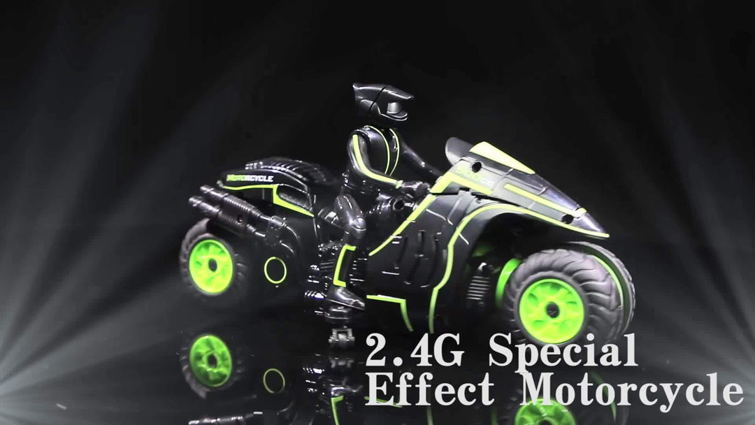 Oplaadbare RC stuntmotor toont hoge snelheid en unieke 360° draaiende wielen, ideaal speelgoed voor kinderen met afstandsbediening.
