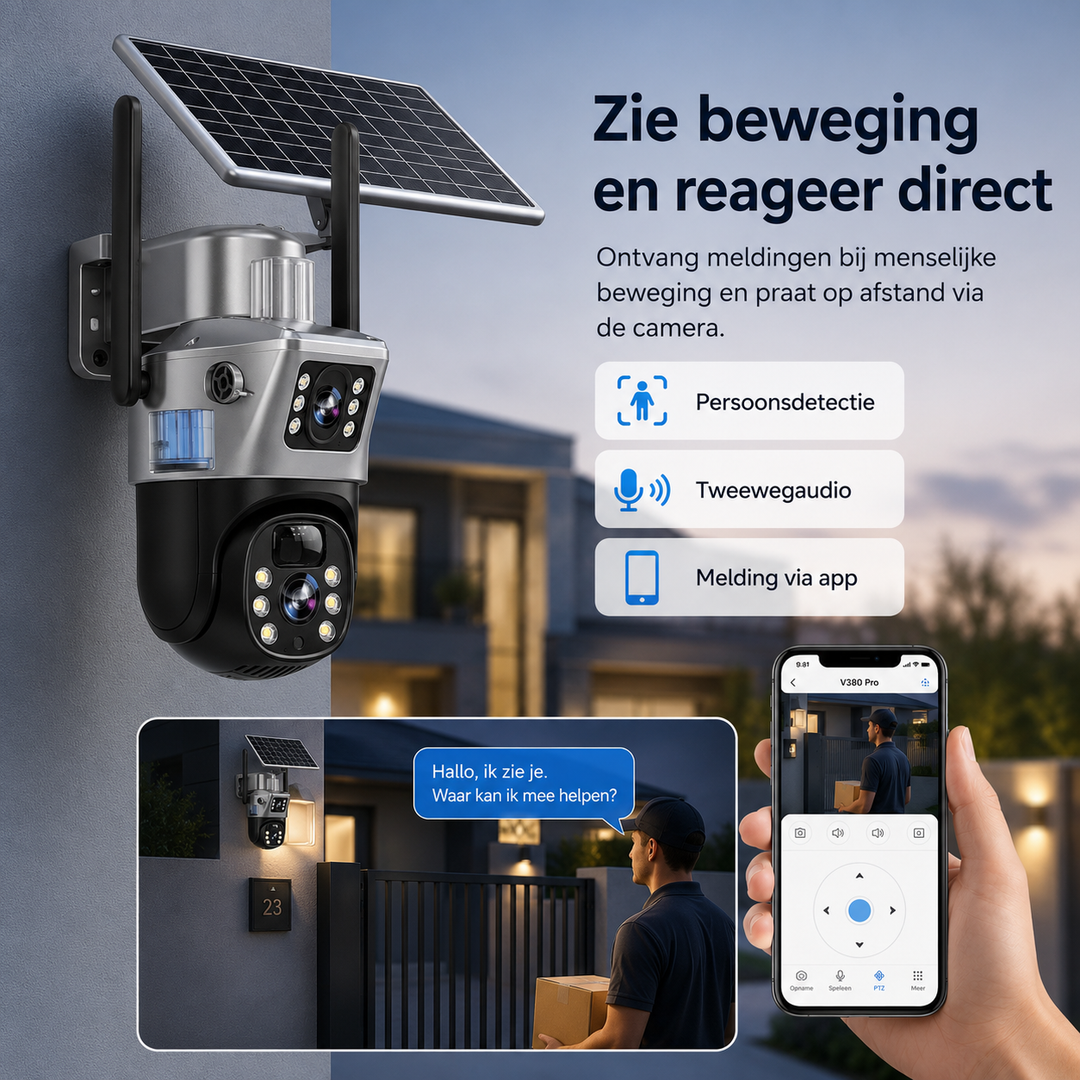 Robuuste IP66 draadloze 4K camera met zonnepaneel, 360 graden en app bediening.