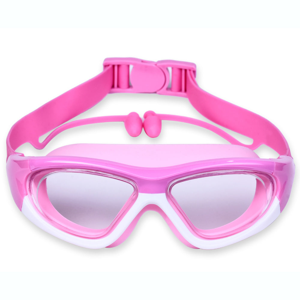 Sterke kinderzwembril met siliconen band, anti-condens lenzen en UV-bescherming voor zwemmers.