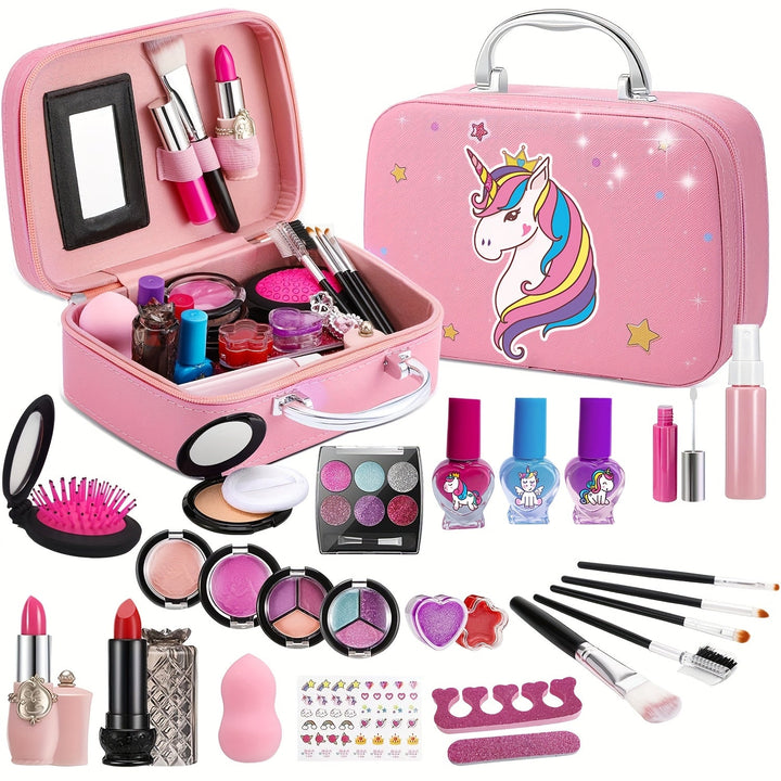 Deluxe eenhoorn make-up tas met kindvriendelijke cosmetica en accessoires voor meisjes. Ideaal speelgoed cadeau.