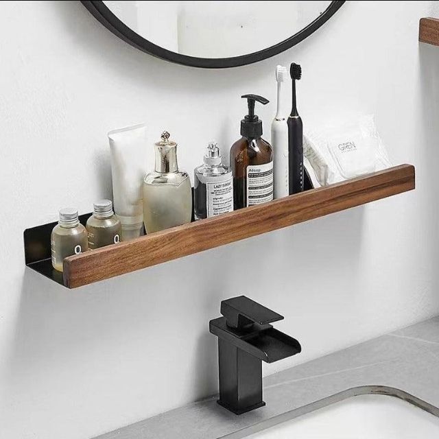 Elegante massief houten badkamerplank met onzichtbare lijmbevestiging. Perfecte woonaccessoire, geen boren.