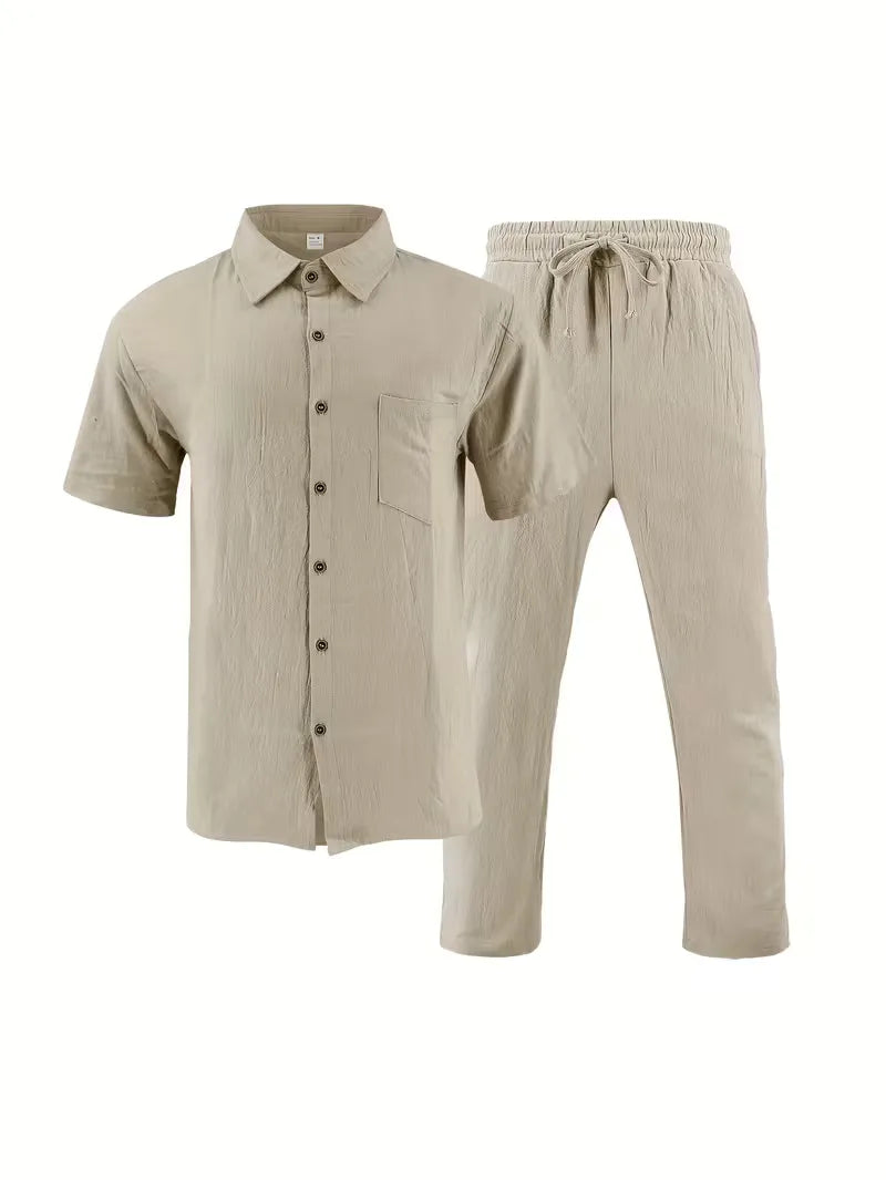 Stijlvolle heren vakantieset: V-hals shirt met korte mouwen en rechte pijpen broek, ademend & luchtig.