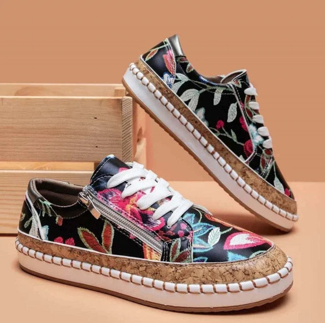 Stijlvolle dames vetersneakers met gebloemd design en orthopedische ondersteuning, ideaal voor elke dag.