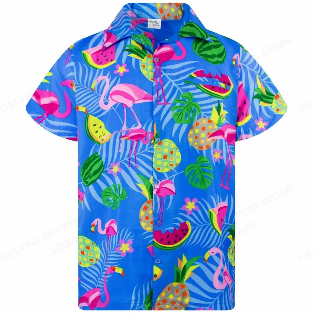 Levendig kleurrijk herenoverhemd met 3D flamingo's. Perfecte Hawaii zomeroverhemd en casual strandkleding.
